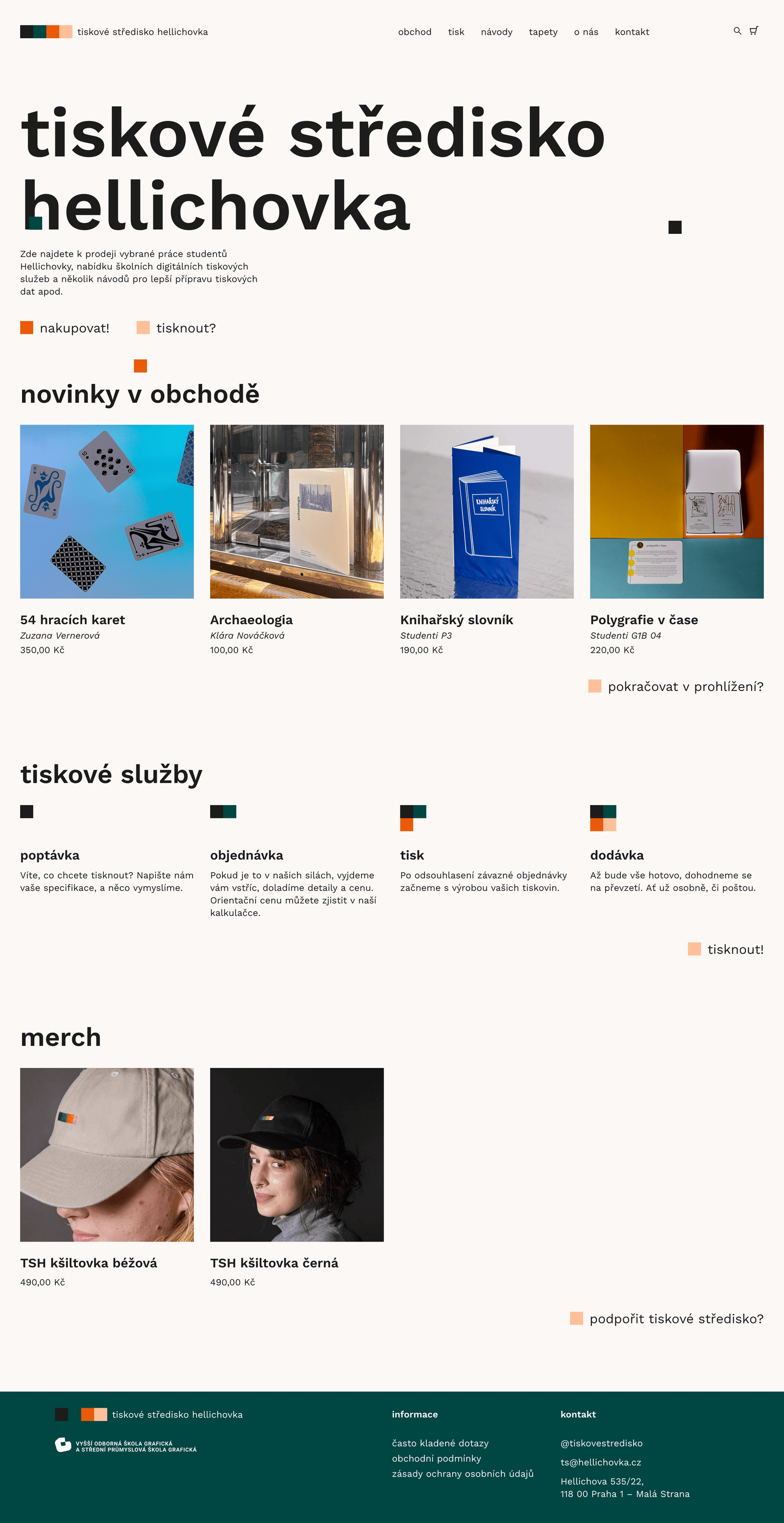 Screenshot of the whole homepage of TSH website including hero section, new articles in shop, printing process explanation and merch.