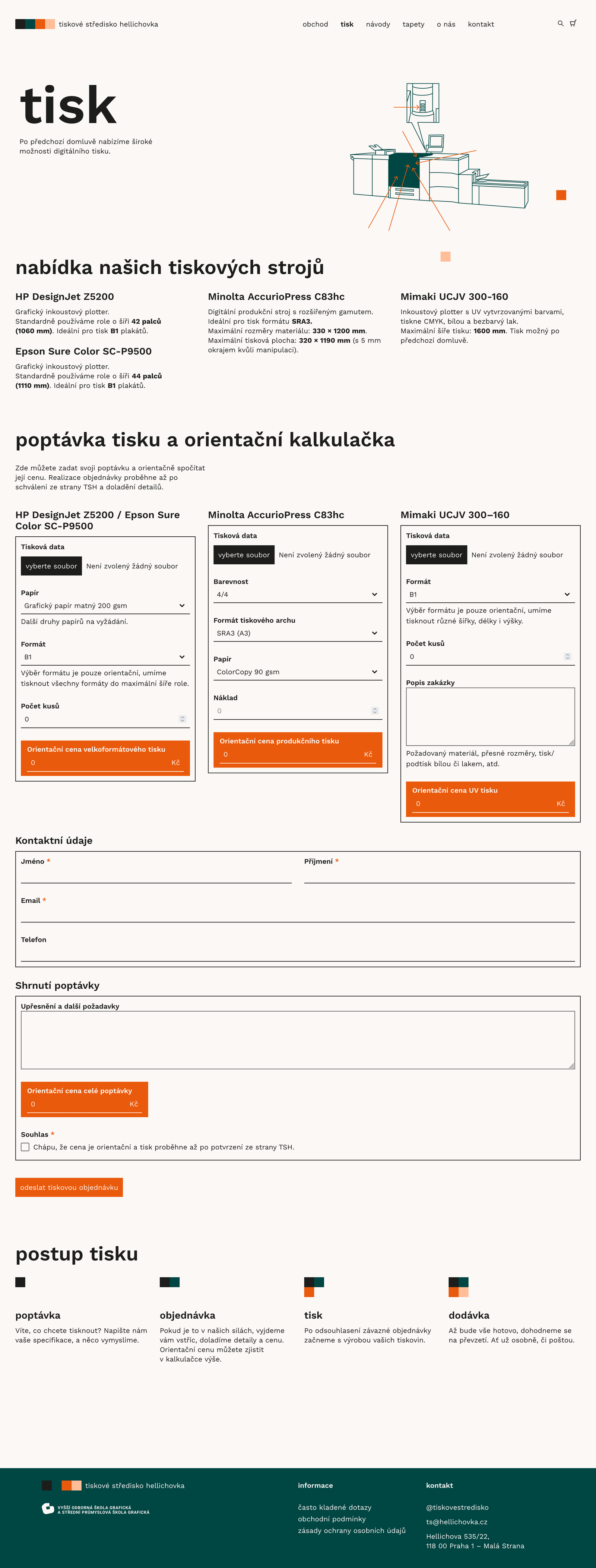 Screenshot of the print request page with descriptions of available printers, print calculator and request maker and the printing process explanation.